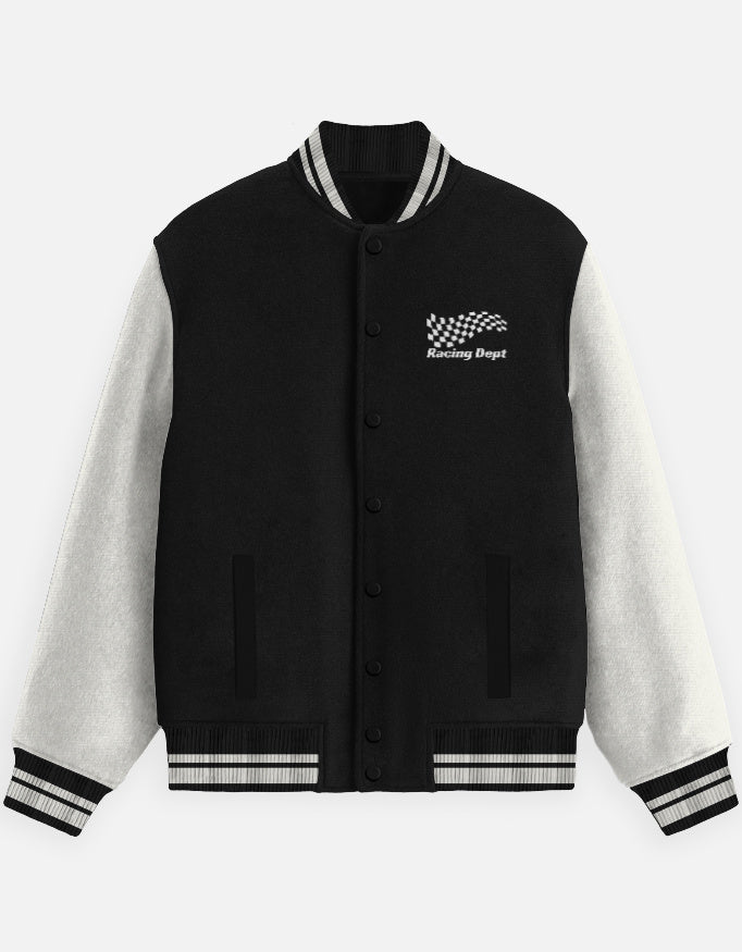Motorsport Crew Varsity Jacket – Street Racer jacket cotton fabric heavyweight fabric graphic print detail view by HAViT Apparel