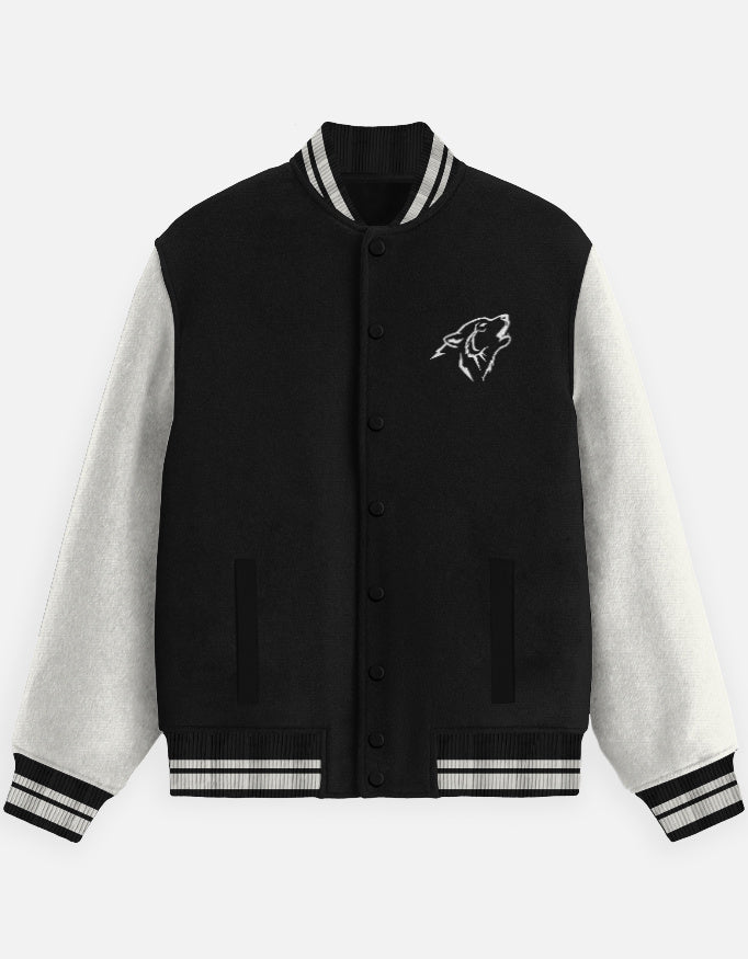 Wolf Squad Varsity Jacket – Fearless 24 jacket regular fit cotton fabric heavyweight fabric graphic print printed design detail view by HAViT Apparel