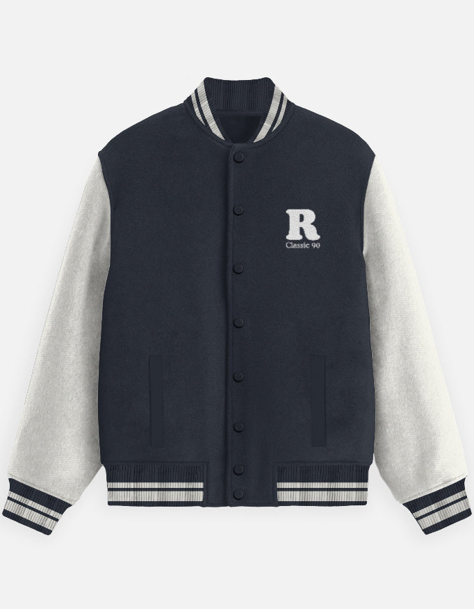 Vintage Crew Varsity Jacket – 90s Inspired jacket cotton fabric heavyweight fabric printed design detail view by HAViT Apparel