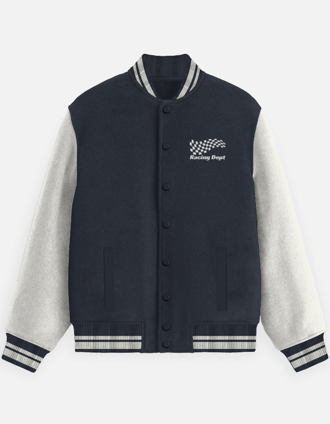 Motorsport Crew Varsity Jacket – Street Racer jacket cotton fabric heavyweight fabric graphic print detail view by HAViT Apparel
