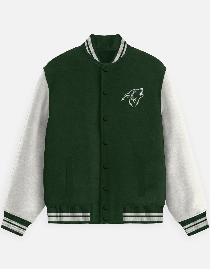 Wolf Squad Varsity Jacket – Fearless 24 jacket regular fit cotton fabric heavyweight fabric graphic print printed design detail view by HAViT Apparel