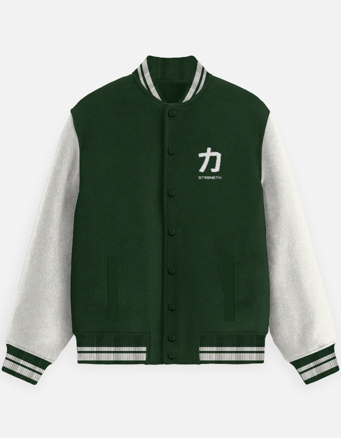 Kanji Crew Varsity Jacket – Street Team Edition jacket cotton fabric heavyweight fabric graphic print detail view by HAViT Apparel
