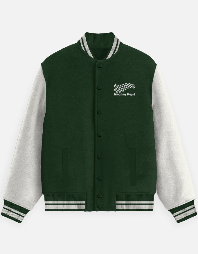 Motorsport Crew Varsity Jacket – Street Racer jacket cotton fabric heavyweight fabric graphic print detail view by HAViT Apparel