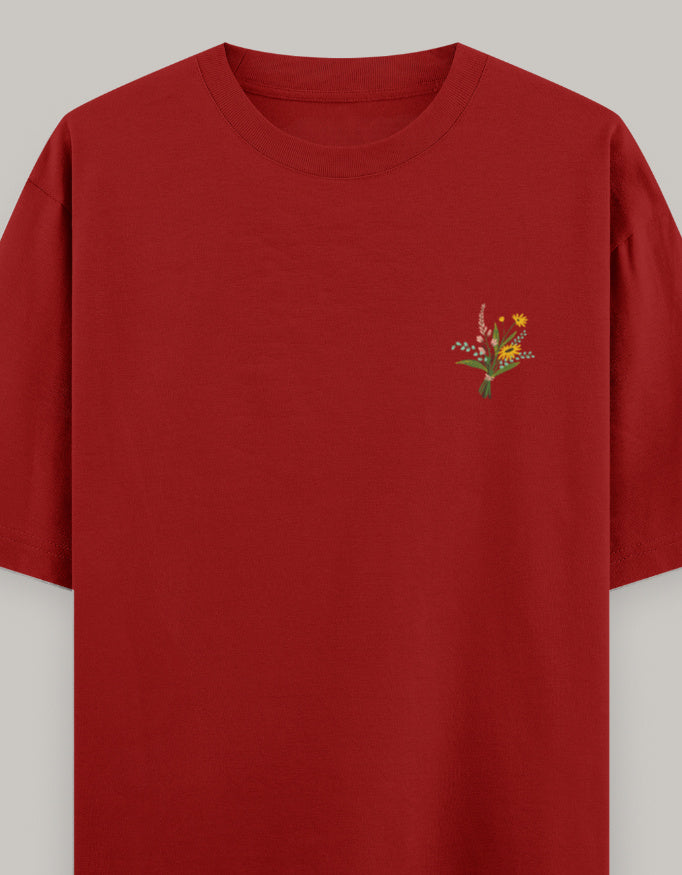 Soft Bloom Embroidered Women’s Tee t-shirt oversized fit cotton fabric heavyweight fabric embroidered design detail view by HAViT Apparel