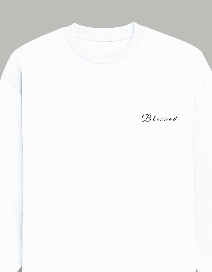 Blessed Oversized Sweatshirt-Premium Comfort Studio fit sweatshirt oversized fit cotton fabric heavyweight fabric printed design detail view by HAViT Apparel