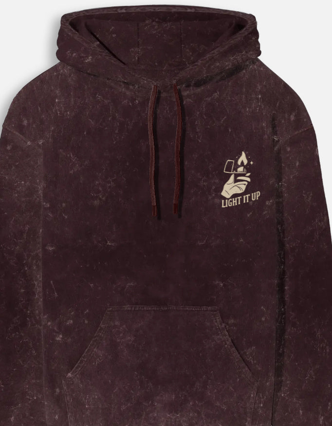 Light It Up- Acid Washed Hoodie hoodie oversized fit acid washed cotton fabric heavyweight fabric graphic print printed design detail view by HAViT Apparel