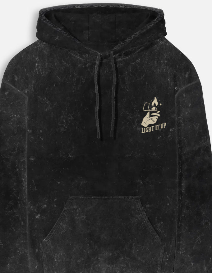 Light It Up- Acid Washed Hoodie hoodie oversized fit acid washed cotton fabric heavyweight fabric graphic print printed design detail view by HAViT Apparel