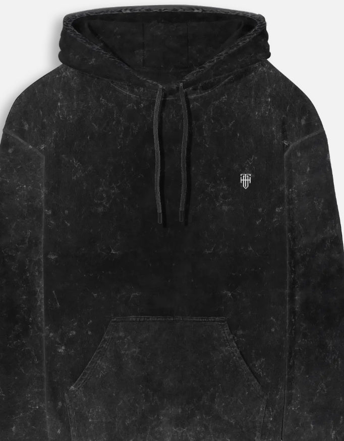 Obsidian Black Acid Washed Hoodie hoodie oversized fit acid washed cotton fabric heavyweight fabric detail view by HAViT Apparel