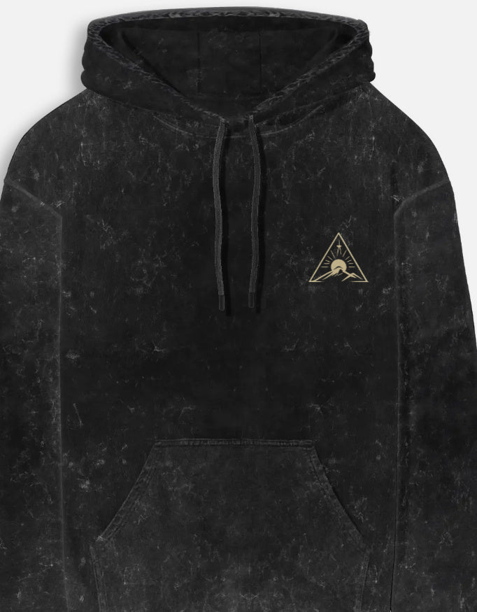 Eclipse Rise Acid Wash Hoodie hoodie oversized fit acid washed cotton fabric heavyweight fabric graphic print printed design detail view by HAViT Apparel