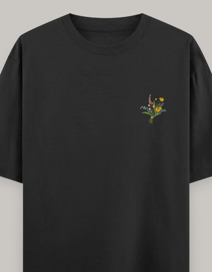 Soft Bloom Embroidered Women’s Tee t-shirt oversized fit cotton fabric heavyweight fabric embroidered design detail view by HAViT Apparel