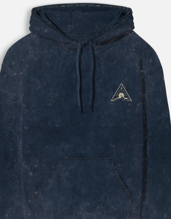 Eclipse Rise Acid Wash Hoodie hoodie oversized fit acid washed cotton fabric heavyweight fabric graphic print printed design detail view by HAViT Apparel