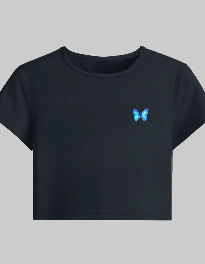 Minimal Butterfly Graphic Baby Tee cotton fabric heavyweight fabric detail view by HAViT Apparel