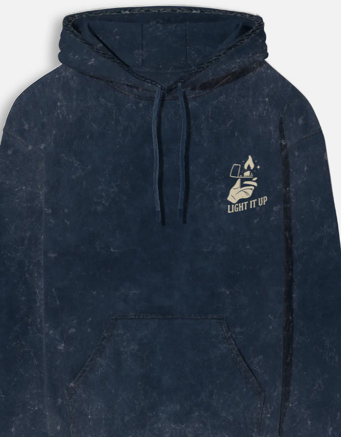 Light It Up- Acid Washed Hoodie hoodie oversized fit acid washed cotton fabric heavyweight fabric graphic print printed design detail view by HAViT Apparel