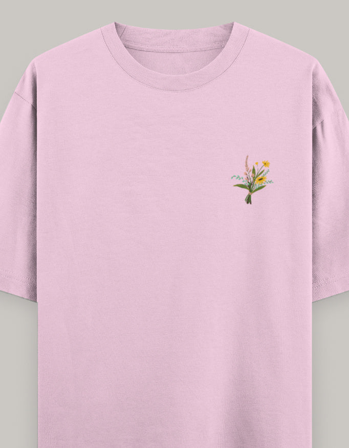 Soft Bloom Embroidered Women’s Tee t-shirt oversized fit cotton fabric heavyweight fabric embroidered design detail view by HAViT Apparel