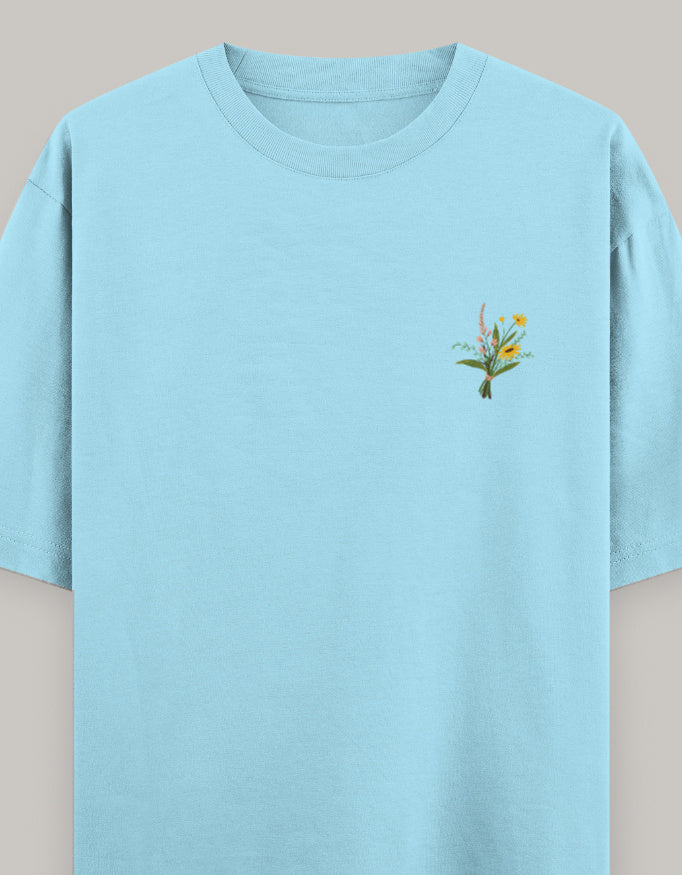 Soft Bloom Embroidered Women’s Tee t-shirt oversized fit cotton fabric heavyweight fabric embroidered design detail view by HAViT Apparel