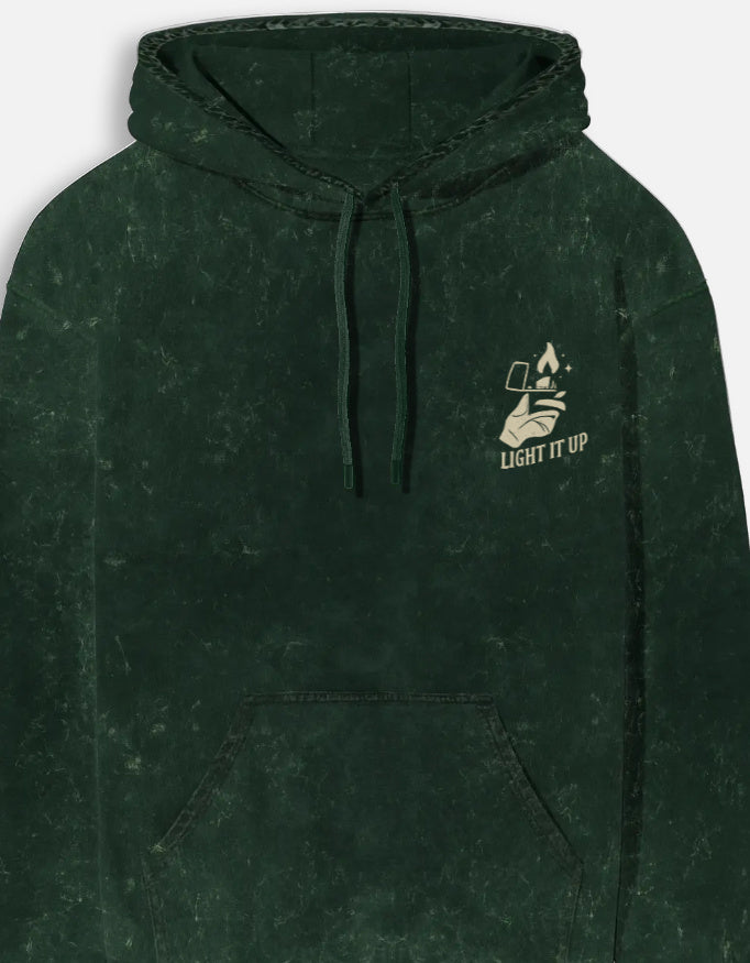 Light It Up- Acid Washed Hoodie hoodie oversized fit acid washed cotton fabric heavyweight fabric graphic print printed design detail view by HAViT Apparel