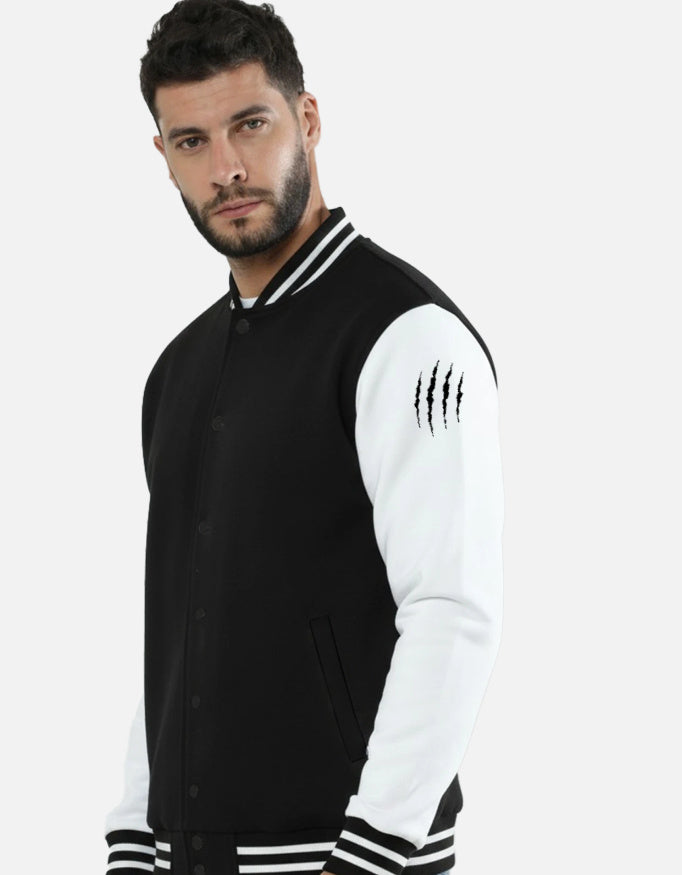 Wolf Squad Varsity Jacket – Fearless 24 jacket regular fit cotton fabric heavyweight fabric graphic print printed design detail view by HAViT Apparel