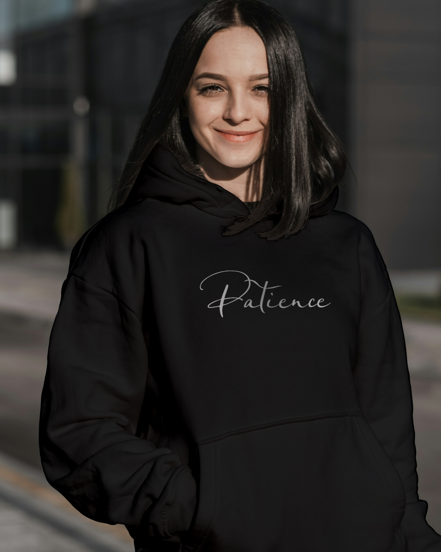 Patience Oversized Hoodie – Minimal Calm Edition hoodie oversized fit cotton fabric heavyweight fabric printed design detail view by HAViT Apparel