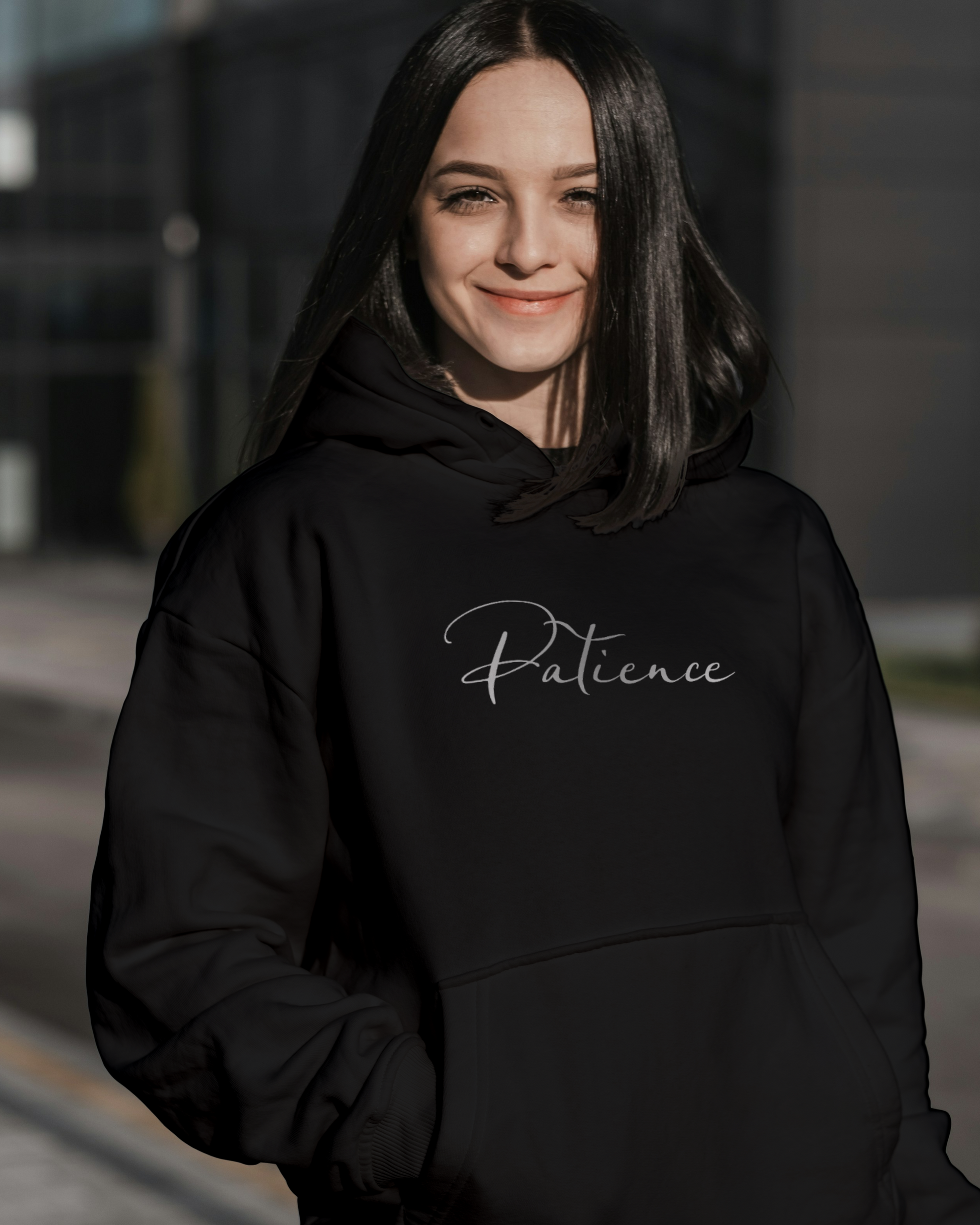 Patience Oversized Hoodie – Minimal Calm Edition hoodie oversized fit cotton fabric heavyweight fabric printed design detail view by HAViT Apparel