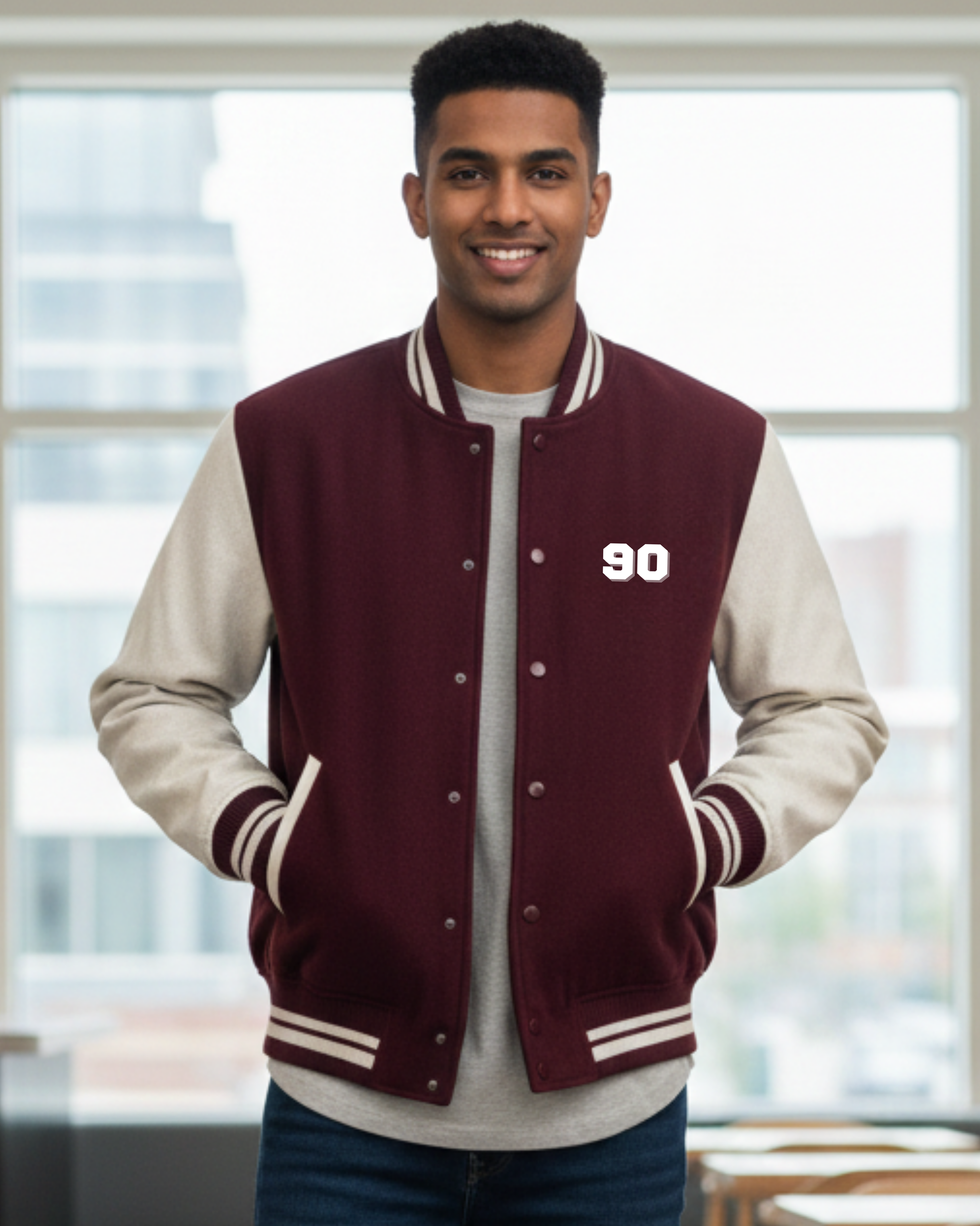 90 Old-School League Varsity Jacket cotton fabric heavyweight fabric detail view by HAViT Apparel