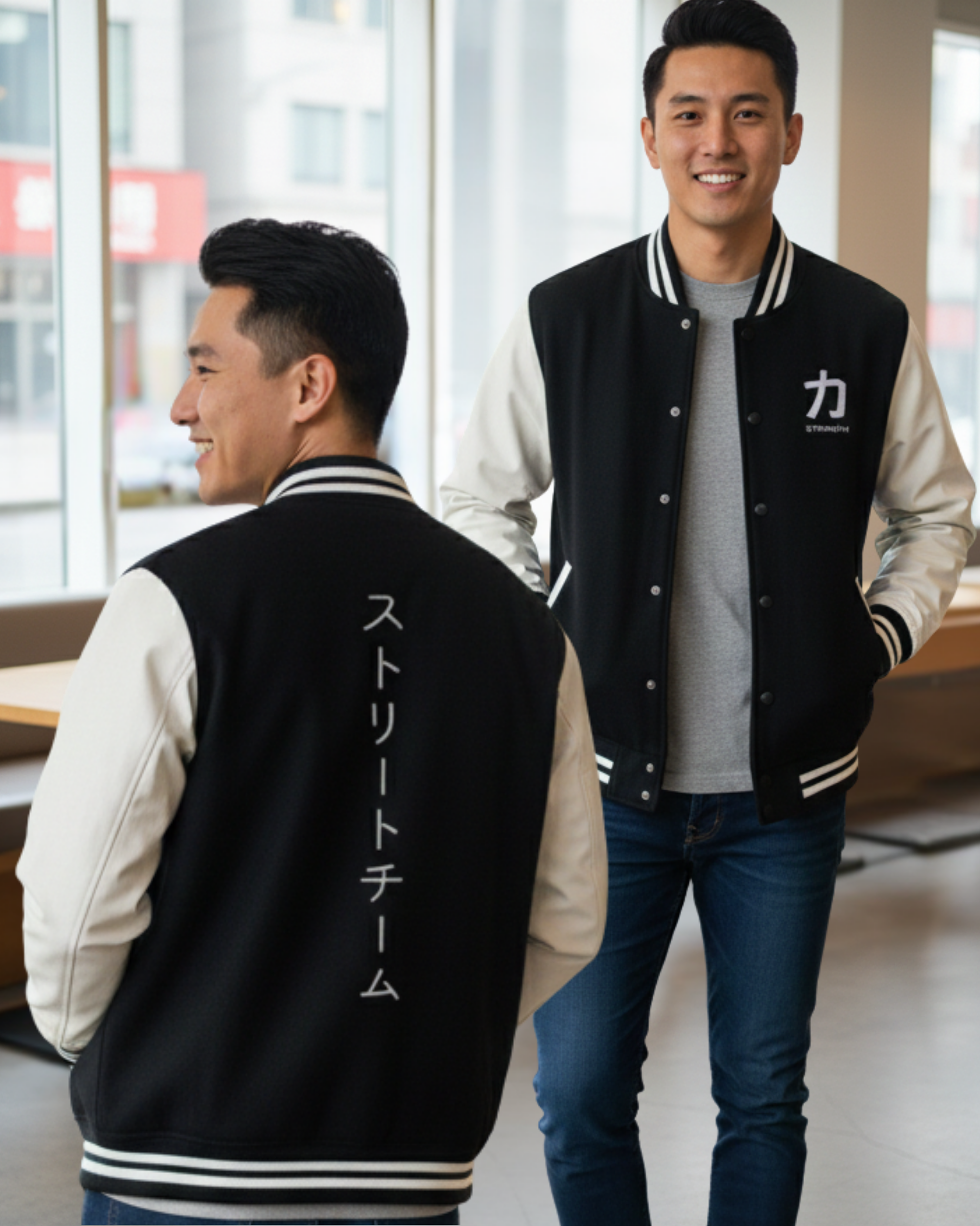 Kanji Crew Varsity Jacket – Street Team Edition jacket cotton fabric heavyweight fabric graphic print detail view by HAViT Apparel