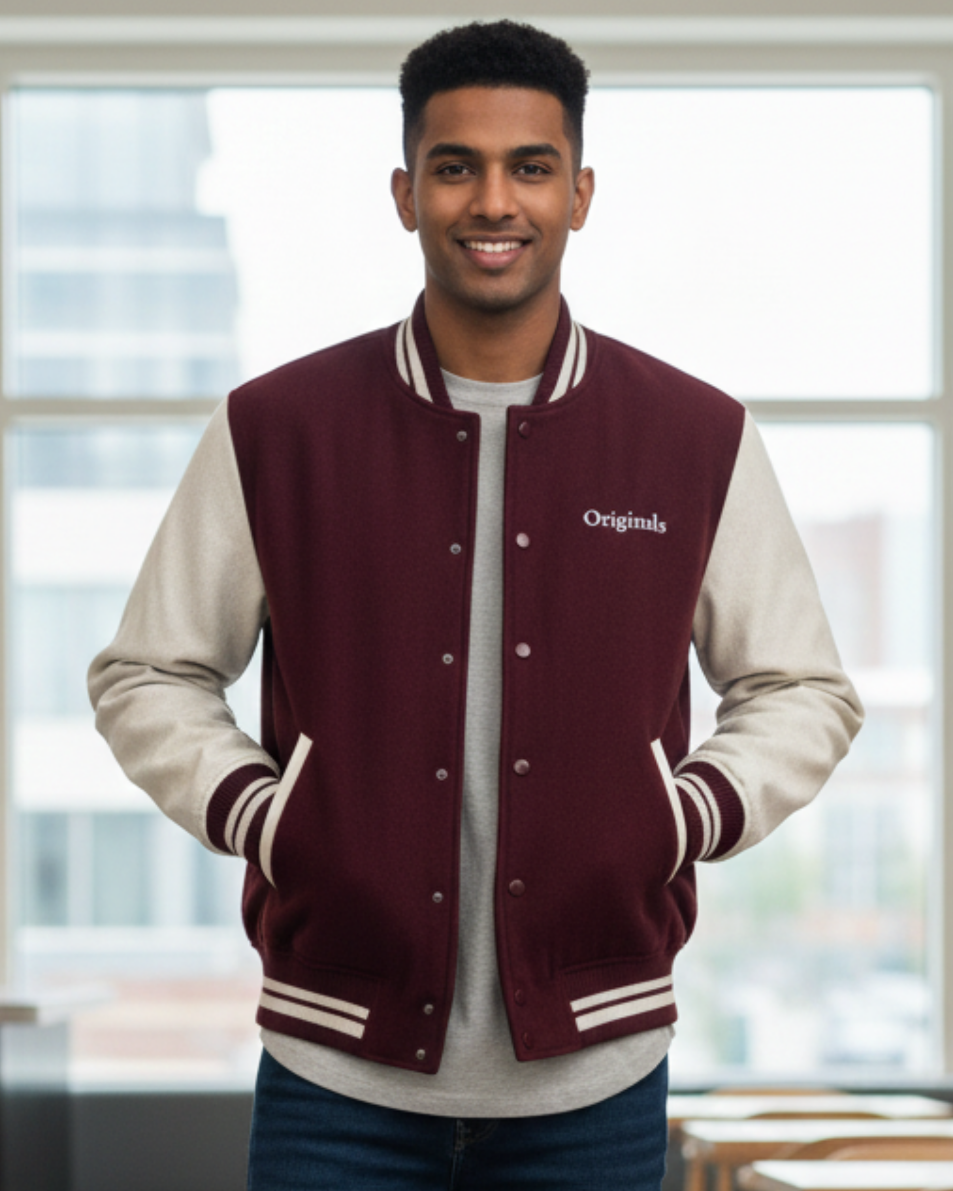 Minimal Luxury Varsity Jacket – Originals Edition jacket cotton fabric heavyweight fabric detail view by HAViT Apparel