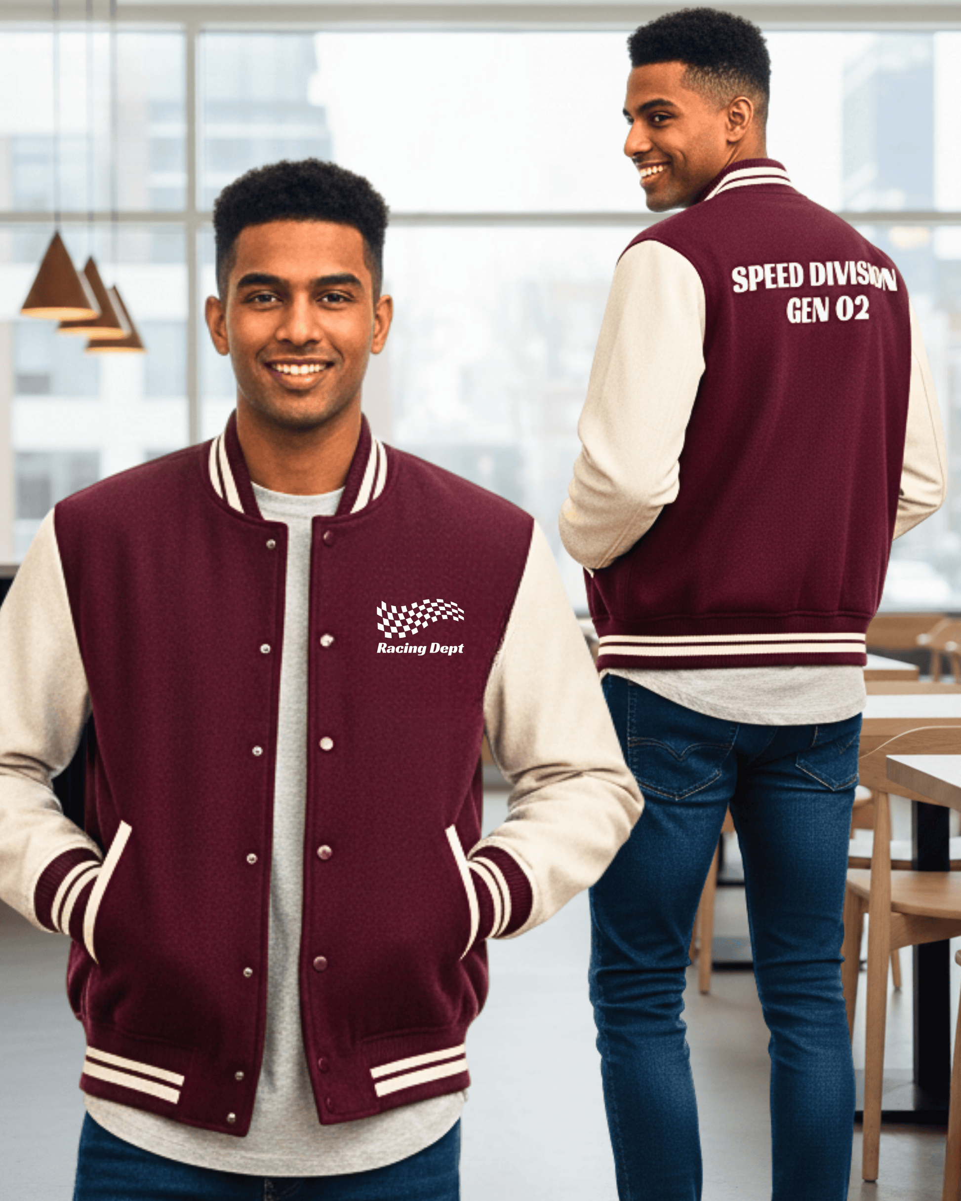Motorsport Crew Varsity Jacket – Street Racer jacket cotton fabric heavyweight fabric graphic print detail view by HAViT Apparel