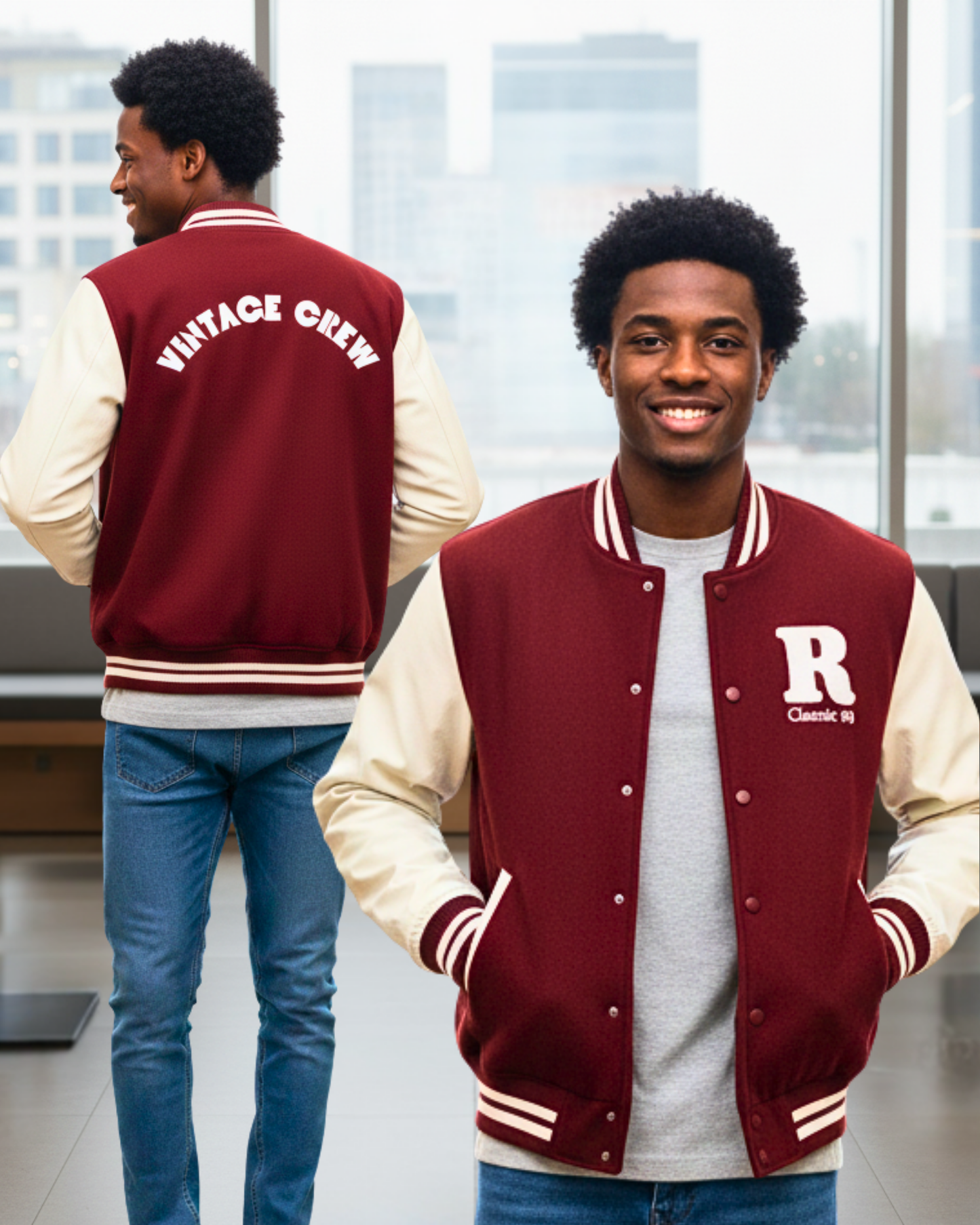Vintage Crew Varsity Jacket – 90s Inspired jacket cotton fabric heavyweight fabric printed design detail view by HAViT Apparel