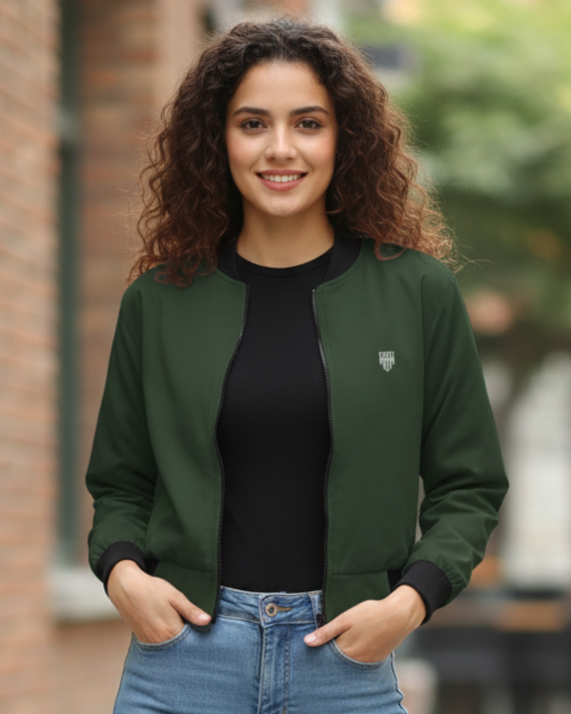 Army Green Women's Bomber Jacket jacket regular fit heavyweight fabric printed design detail view by HAViT Apparel