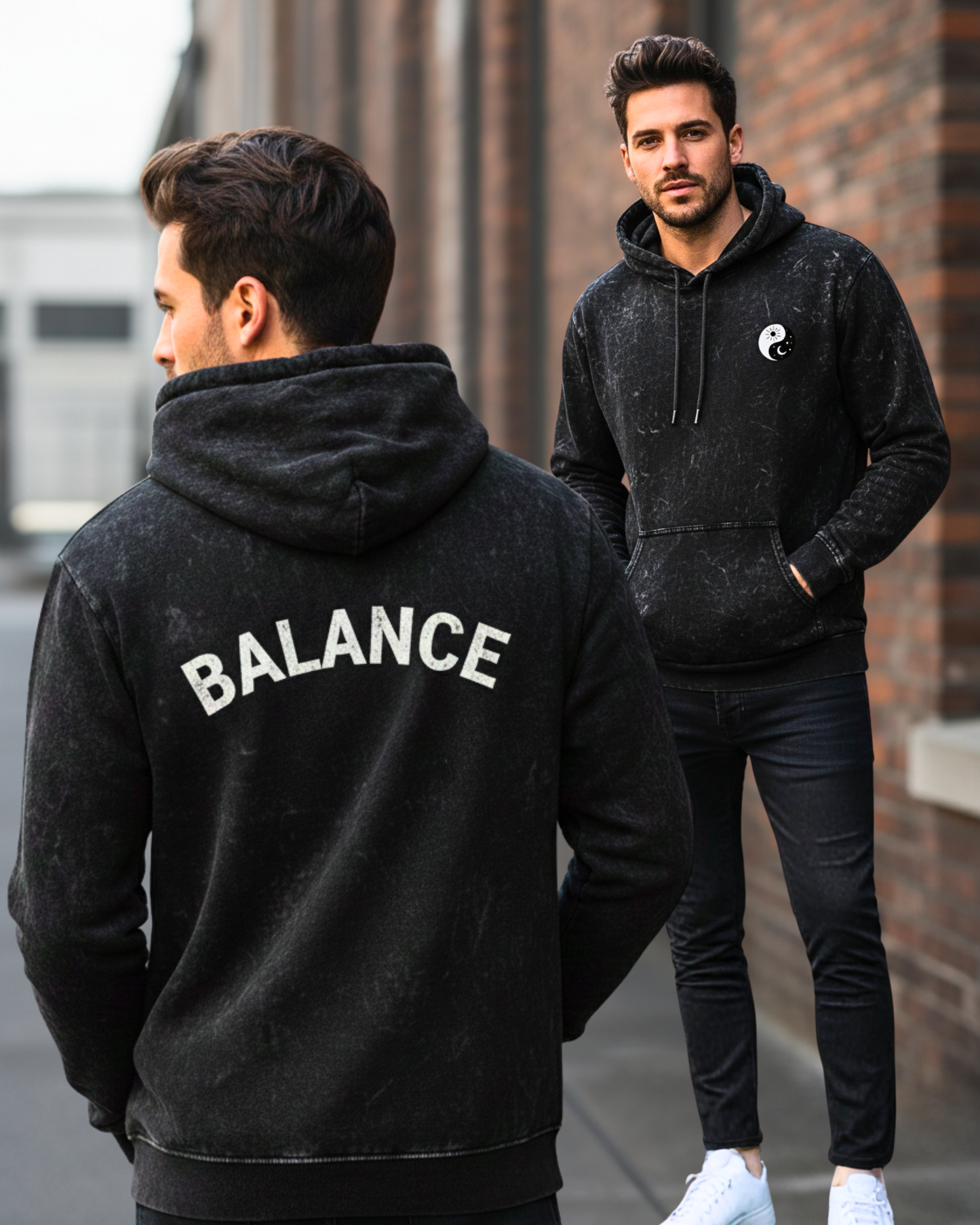 Zen Balance Men's Acid Wash Hoodie hoodie oversized fit acid washed cotton fabric heavyweight fabric printed design detail view by HAViT Apparel