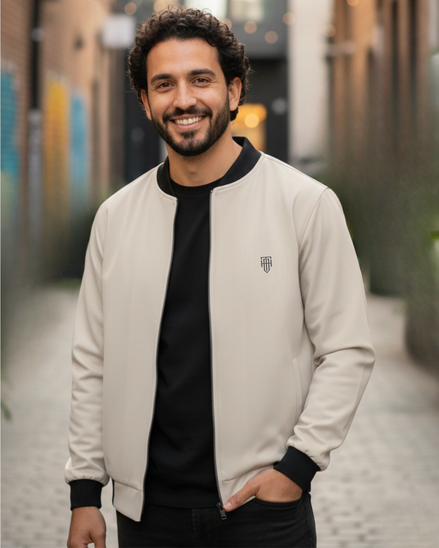 Beige Minimal Men's Bomber Jacket – Premium Fleece jacket regular fit heavyweight fabric printed design detail view by HAViT Apparel