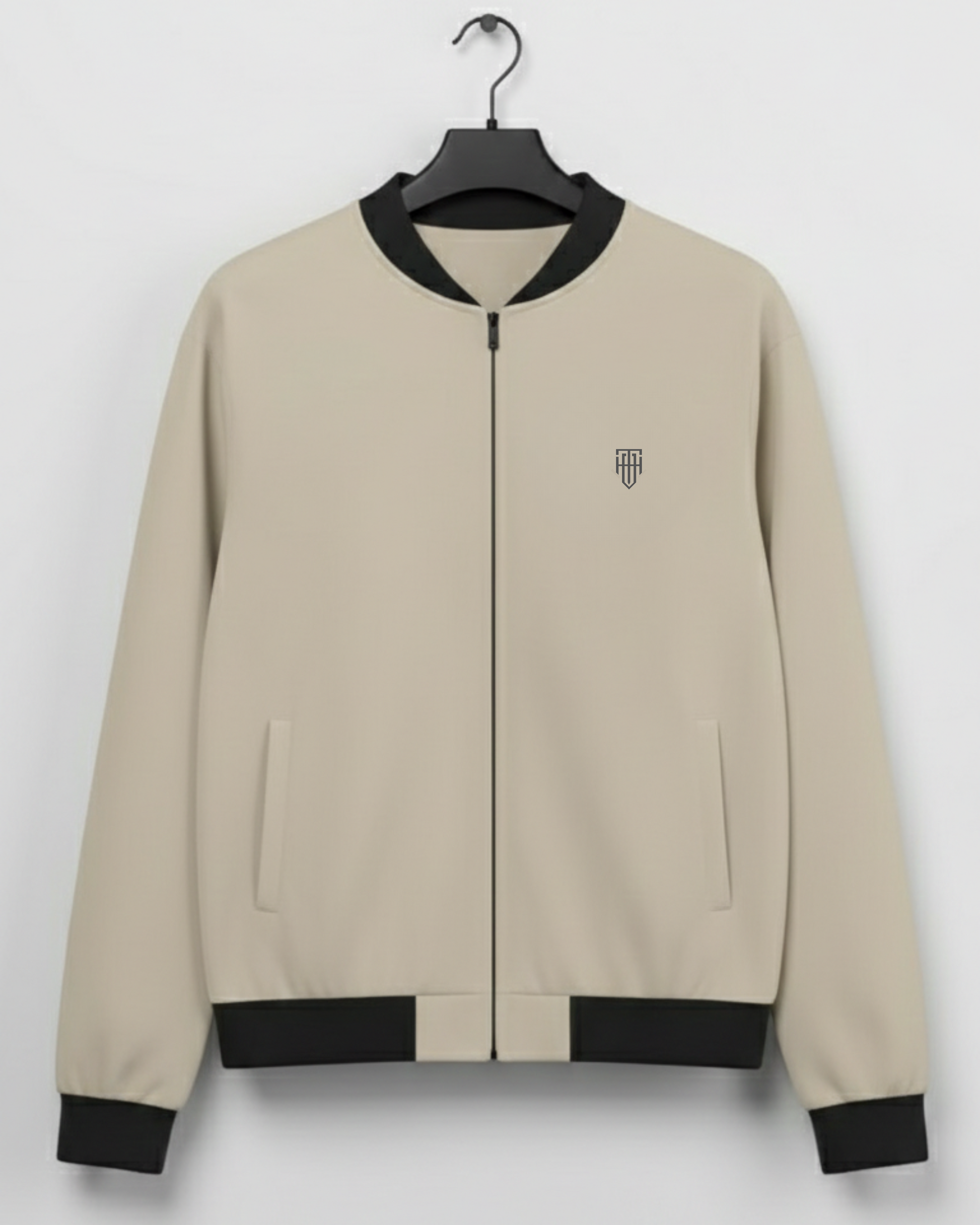 Beige Minimal Men's Bomber Jacket – Premium Fleece jacket regular fit heavyweight fabric printed design detail view by HAViT Apparel
