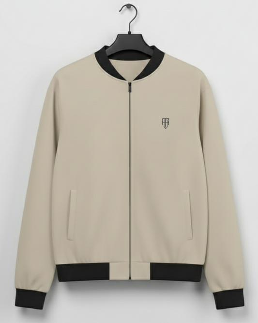 Beige Minimal Men's Bomber Jacket – Premium Fleece jacket regular fit heavyweight fabric printed design detail view by HAViT Apparel