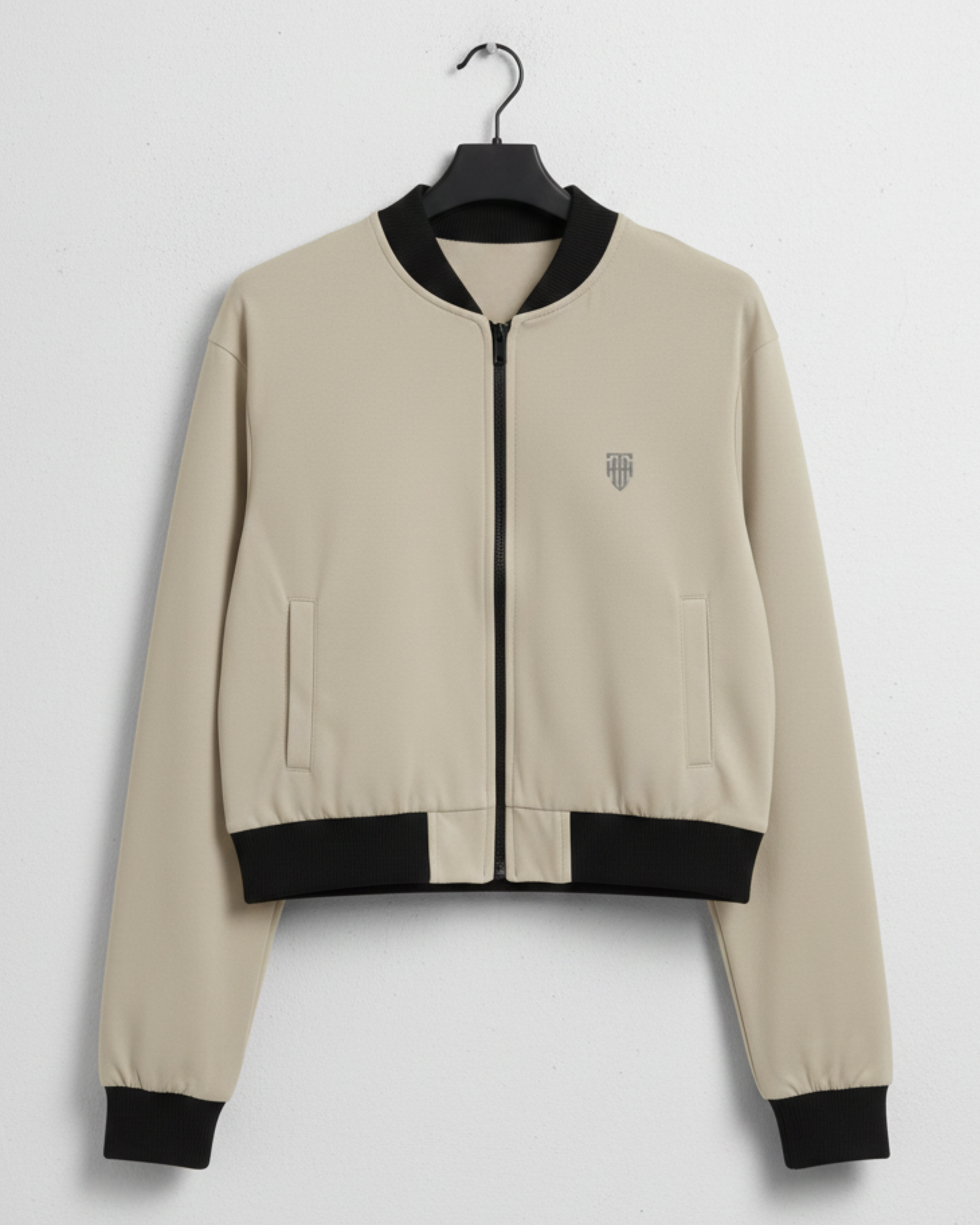 Soft Beige Minimal Women’s Bomber jacket regular fit heavyweight fabric printed design detail view by HAViT Apparel