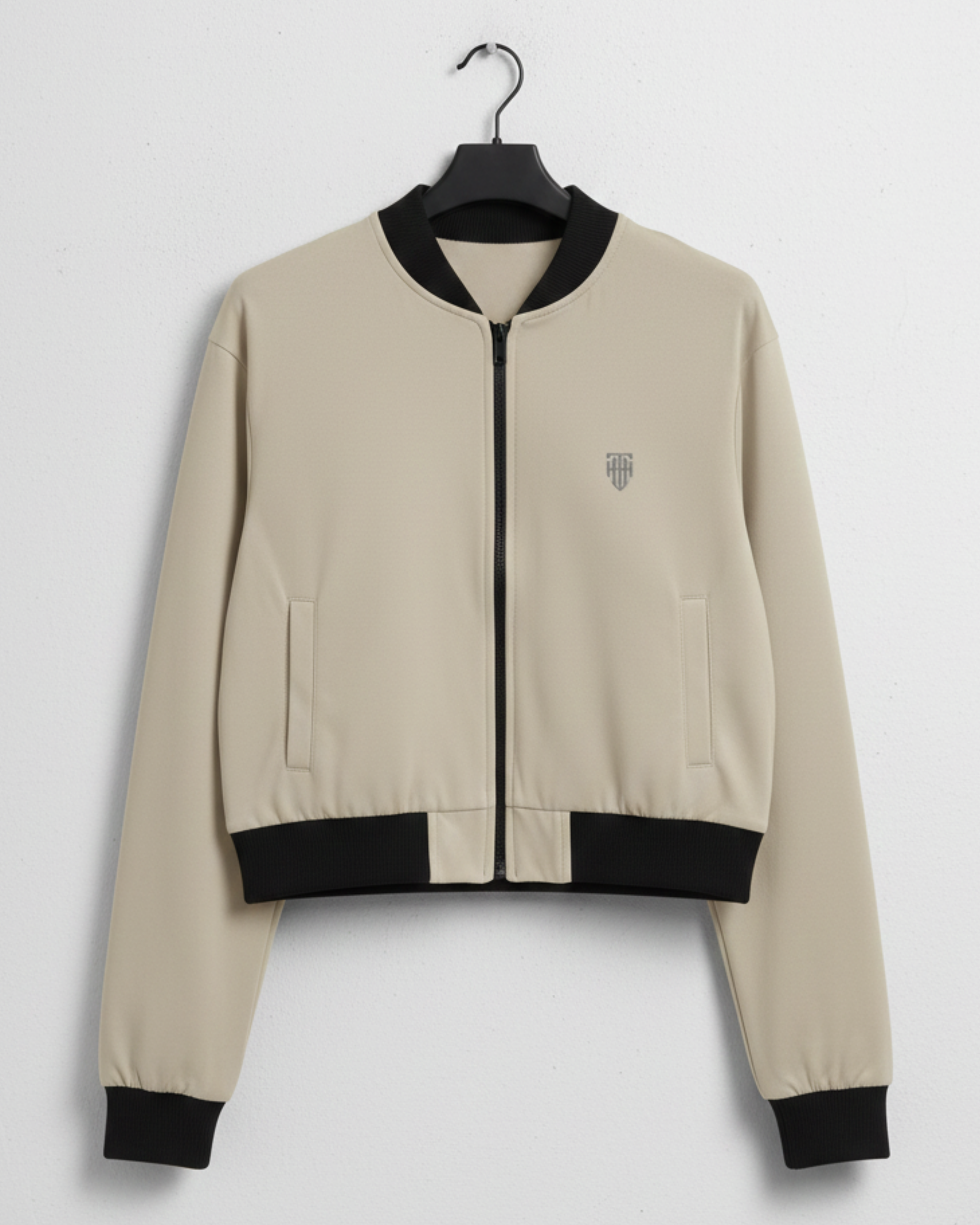 Soft Beige Minimal Women’s Bomber jacket regular fit heavyweight fabric printed design detail view by HAViT Apparel