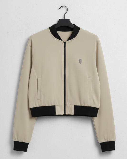 Soft Beige Minimal Women’s Bomber jacket regular fit heavyweight fabric printed design detail view by HAViT Apparel