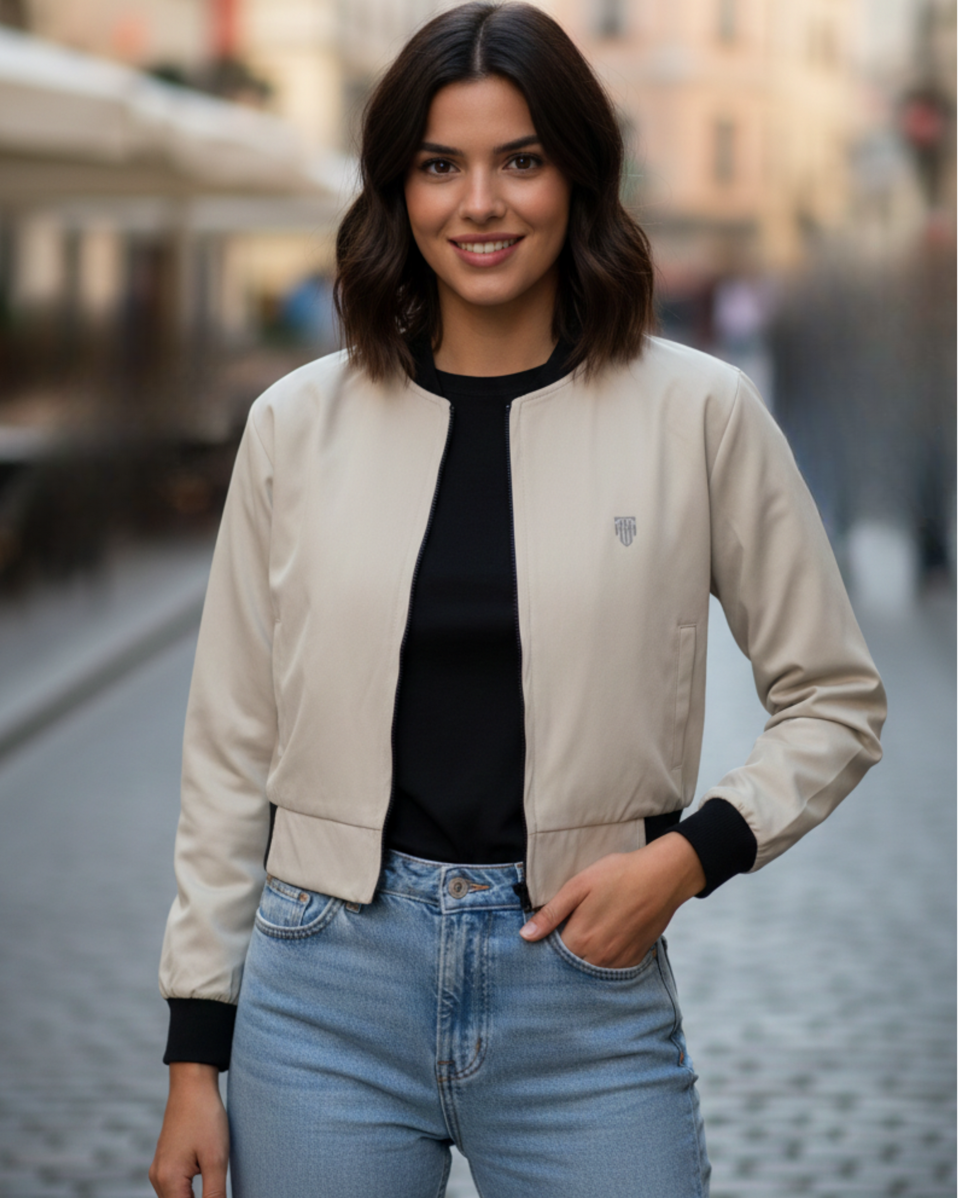 Soft Beige Minimal Women’s Bomber jacket regular fit heavyweight fabric printed design detail view by HAViT Apparel
