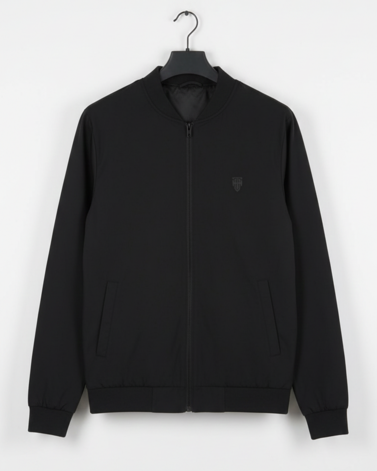 Jet Black Bomber Jacket – Premium Poly Fleece jacket regular fit heavyweight fabric printed design detail view by HAViT Apparel