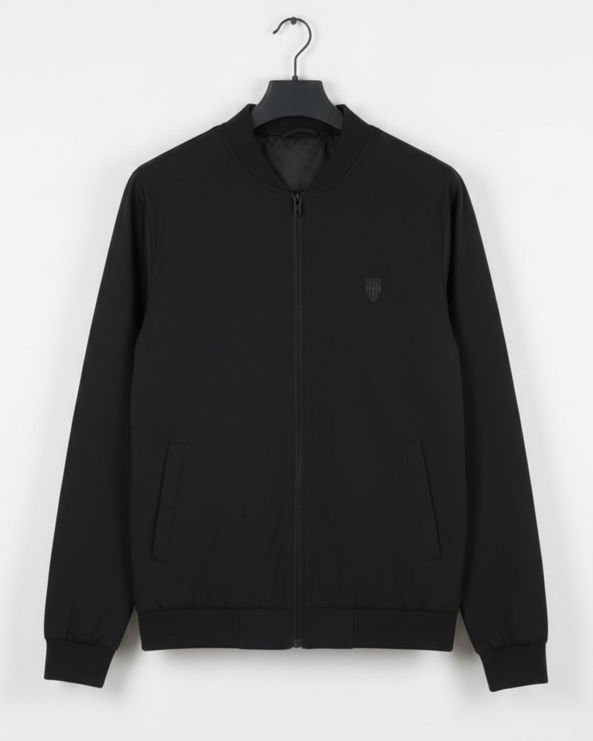 Jet Black Bomber Jacket – Premium Poly Fleece jacket regular fit heavyweight fabric printed design detail view by HAViT Apparel