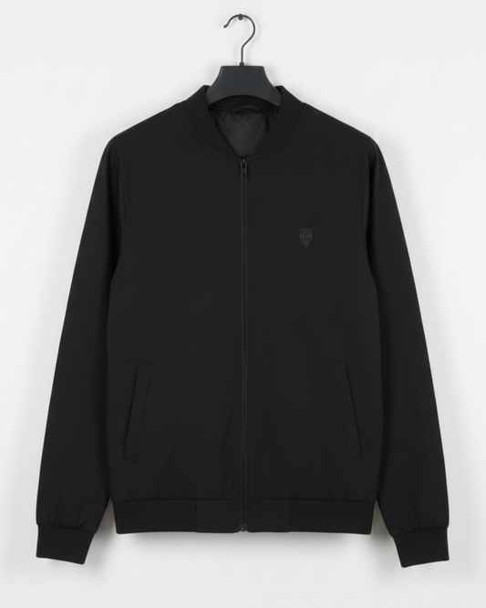 Jet Black Bomber Jacket – Premium Poly Fleece jacket regular fit heavyweight fabric printed design detail view by HAViT Apparel