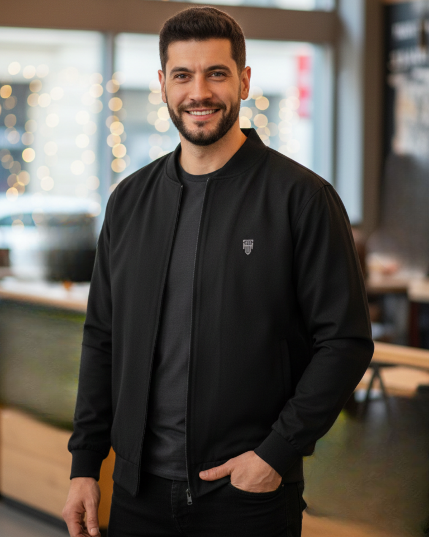 Jet Black Bomber Jacket – Premium Poly Fleece jacket regular fit heavyweight fabric printed design detail view by HAViT Apparel