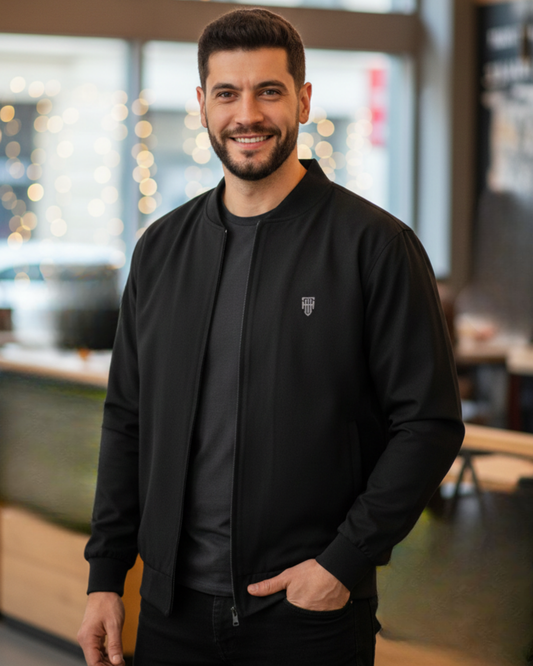 Jet Black Bomber Jacket – Premium Poly Fleece jacket regular fit heavyweight fabric printed design detail view by HAViT Apparel