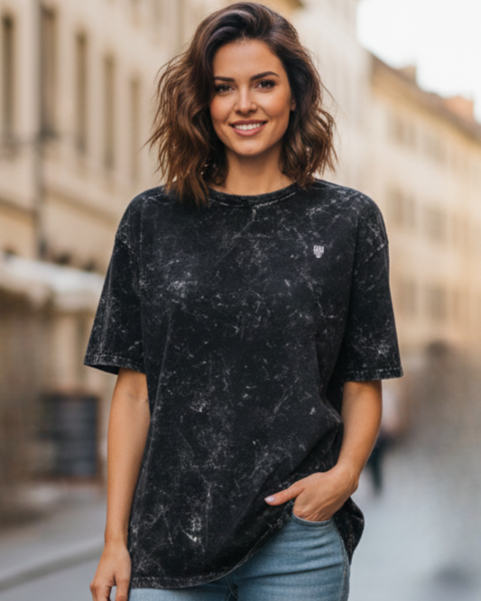 Black Acid Washed Oversized Tee t-shirt oversized fit acid washed cotton fabric heavyweight fabric detail view by HAViT Apparel
