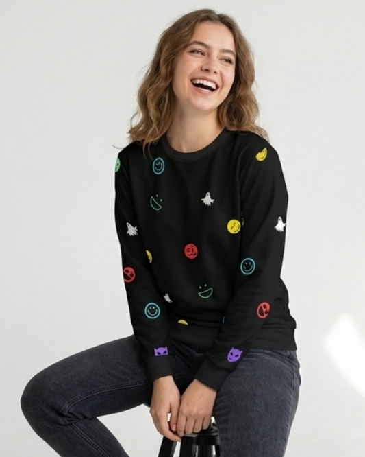 Multicolor Emoji Graphic Sweatshirt for Women-Black Edition sweatshirt regular fit heavyweight fabric printed design detail view by HAViT Apparel