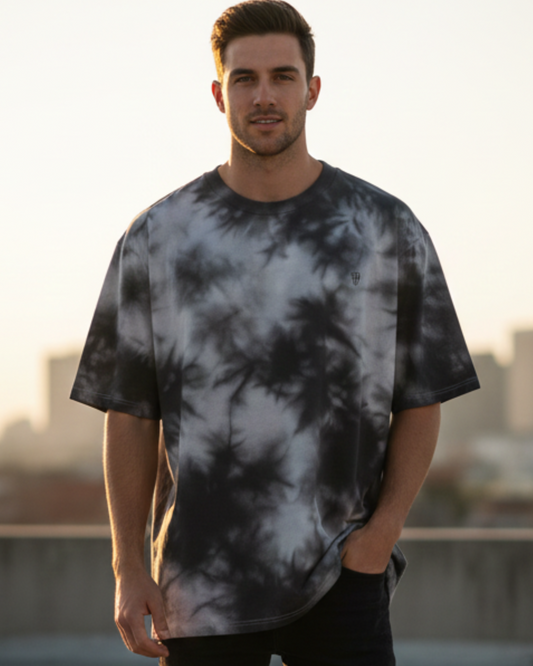 Black White-Tie Dye Oversized T-Shirt t-shirt oversized fit cotton fabric heavyweight fabric detail view by HAViT Apparel