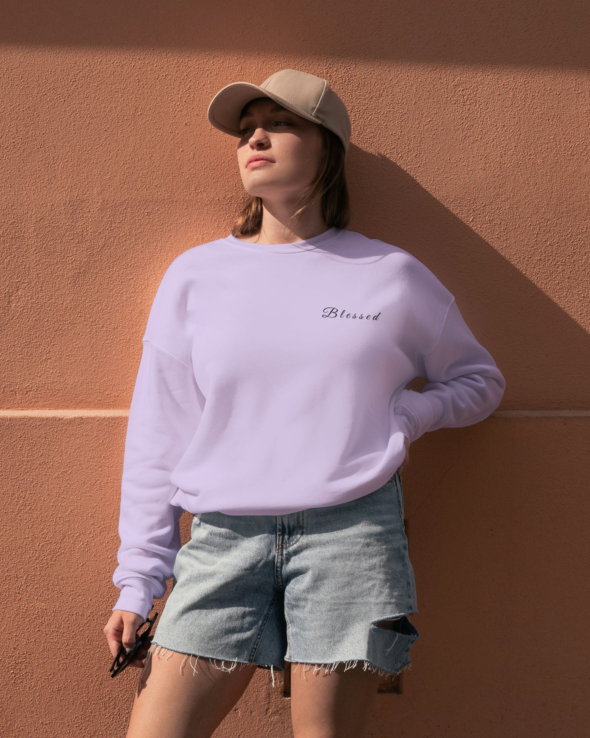 Blessed Oversized Sweatshirt-Premium Comfort Studio fit sweatshirt oversized fit cotton fabric heavyweight fabric printed design detail view by HAViT Apparel