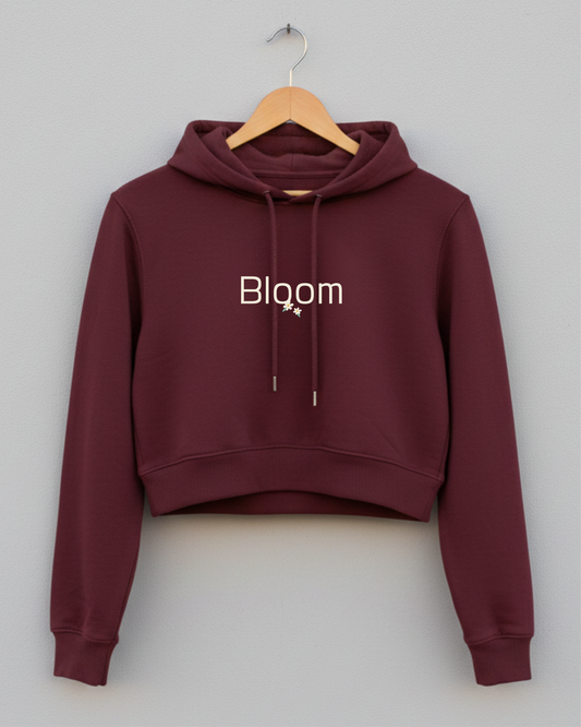 Women’s Bloom Crop Hoodie – Soft Fleece Streetwear hoodie cotton fabric heavyweight fabric graphic print printed design detail view by HAViT Apparel