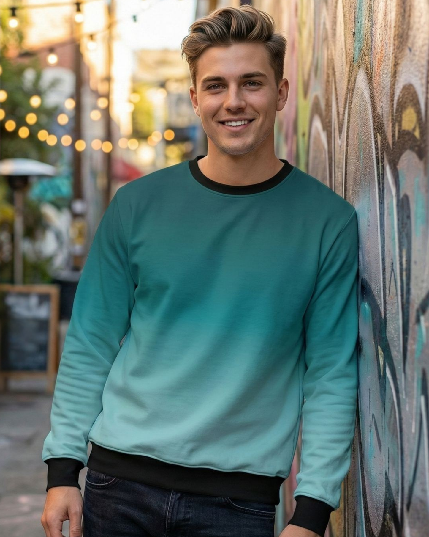 Men’s Teal Gradient Sweatshirt – Teal to Ice Fade sweatshirt regular fit heavyweight fabric printed design detail view by HAViT Apparel