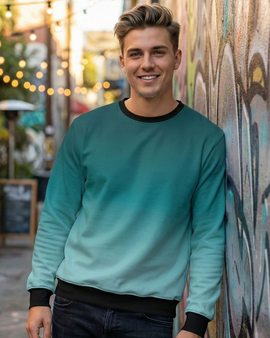 Men’s Teal Gradient Sweatshirt – Teal to Ice Fade sweatshirt regular fit heavyweight fabric printed design detail view by HAViT Apparel