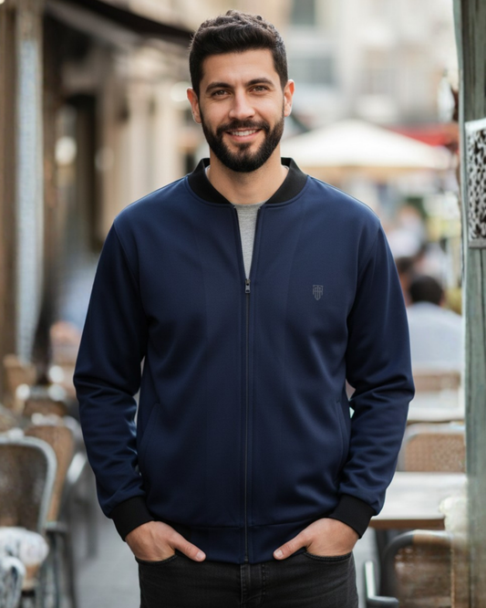 Deep Space Navy Bomber Jacket – Premium Warm Fleece jacket regular fit heavyweight fabric printed design detail view by HAViT Apparel